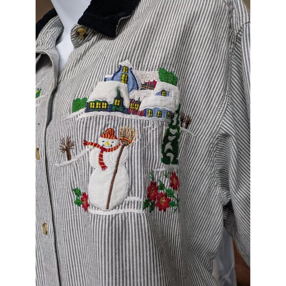 Vintage Casey & Max Christmas button front blouse striped velvet collar L - Picture 3 of 8